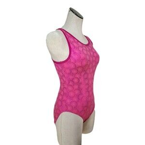 Satara VTG Barbie Pink Foiled Circles Racerback Leotard Open Back Keyhole Sz AL